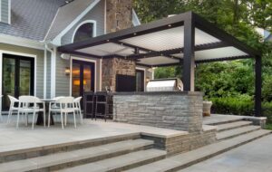 Modern covered patio with grill and seating area
