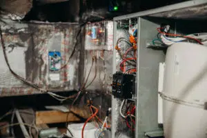 open furnace system in attic. Wires and parts are exposed.